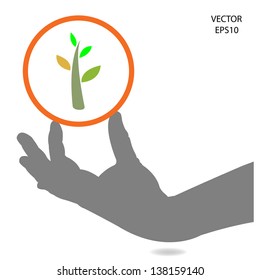 Hand and green plant,think green concept , save the green world,vector