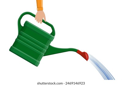 Hand with green plastic watering can isolated on white. vector illustration in flat style