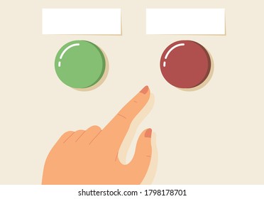 Mano con botón verde y rojo con el espacio en blanco para rellenar el texto. Concepto de elegir, seleccionar, decidir, sí o no, decidir, elegir. Ilustración vectorial plana.