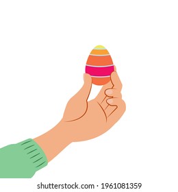 A hand in a green sleeve holds an Easter egg. Orthodox Easter. Christ is risen! Congratulations. Flat vector illustration with lines.