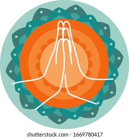 Hand greeting posture of namaste, vector illustration. Praying hands with decorative indian ornament mandala. Namaste mudra.