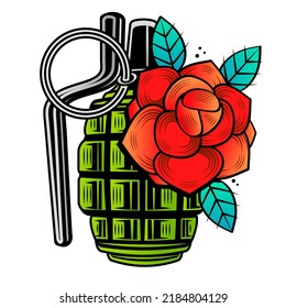 Hand grenade in black white colour. Vector illustration.