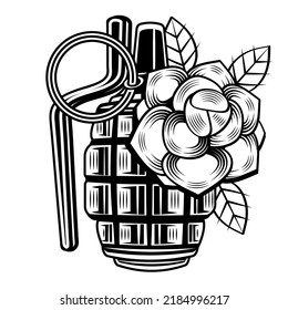 Hand grenade in black white colour. Vector illustration.