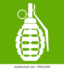 Hand grenade, bomb explosion icon white isolated on green background. Vector illustration
