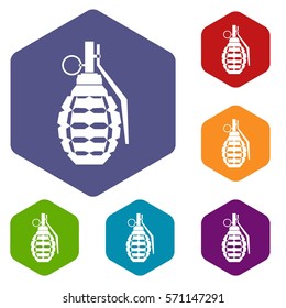 Hand grenade, bomb explosion icons set rhombus in different colors isolated on white background