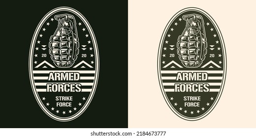 Handgranate-Element monochrome Vintage-Munitionsbombe für Soldaten, die an Bodenoperationen beteiligt sind Vektorgrafik