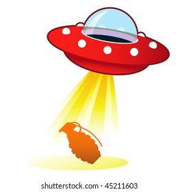 Hand grenade icon on retro flying saucer UFO with light beam.  Suitable for use on the web, in print, and on promotional materials.