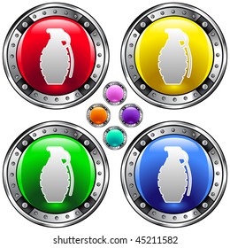 Hand grenade icon on round colorful vector buttons suitable for use on websites, in print materials or in advertisements.  Set includes red, yellow, green, and blue versions.