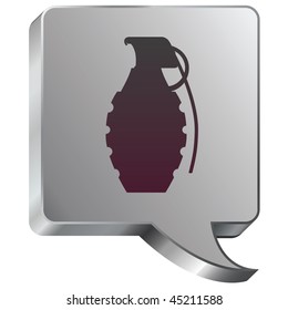 Hand grenade icon on stainless steel modern industrial voice bubble icon suitable for use as a website accent, on promotional materials, or in advertisements.