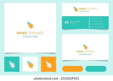 Diseño del logo de la granada de mano con eslogan editable. Libro de promoción de marca y plantilla de tarjeta de visita.