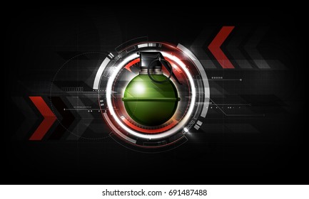 Hand grenade on abstract Futuristic Technology Background with attack concept, vector illustration