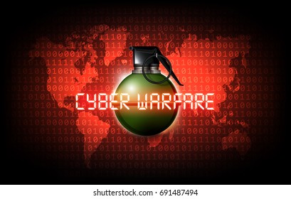 Hand Grenade On The Binary Code World Map With Cyber Warfare Attack, Vector Illustration