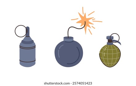 Hand grenade with wick, bomb with burning fuse ready to explode. Vector isolated set of game design assets, weapons for gaming level, military tasks completion. Explosives and dangerous weaponry
