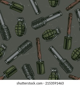 Granadas de mano coloridas y sin costura estilo vintage salpicaduras y bombas antitanque de las armas militares del siglo XX de ilustraciones vectoriales del ejército