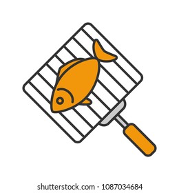 Hand grill with salmon fish color icon. Barbecue grid. Grilling basket with fish steak. Isolated vector illustration