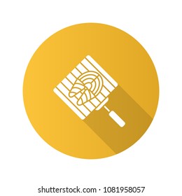 Hand grill with salmon fish flat design long shadow glyph icon. Barbecue grid. Grilling basket with fish steak. Vector silhouette illustration