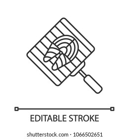 Hand grill with salmon fish linear icon. Barbecue grid. Thin line illustration. Grilling basket with fish steak. Contour symbol. Vector isolated drawing. Editable stroke