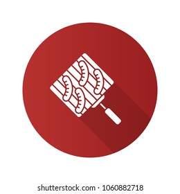 Hand grill with sausages flat design long shadow glyph icon. Barbecue grid. Vector silhouette illustration