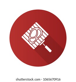 Hand grill with steak flat design long shadow glyph icon. Barbecue grid with beefsteak. Vector silhouette illustration
