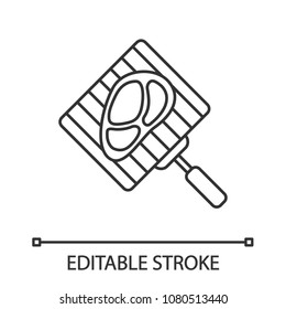 Hand grill with steak linear icon. Thin line illustration. Barbecue grid with beefsteak. Contour symbol. Vector isolated drawing. Editable stroke