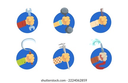 Hand Grip Holding Professional Tool and Instrument in Blue Circle Vector Set