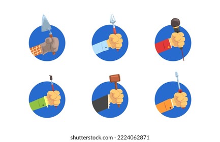 Hand Grip Holding Professional Tool and Instrument in Blue Circle Vector Set