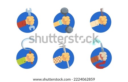 Hand Grip Holding Professional Tool and Instrument in Blue Circle Vector Set