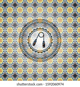 hand gripper icon inside arabesque badge background. arabic decoration.