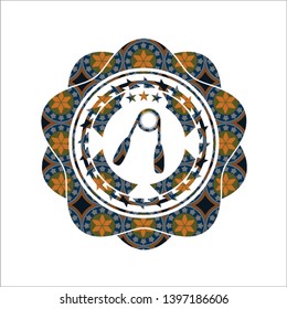 hand gripper icon inside arabic style badge. Arabesque decoration.