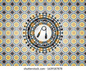 hand gripper icon inside arabic emblem. Arabesque decoration.
