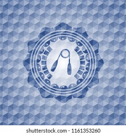 hand gripper icon inside blue emblem or badge with abstract geometric pattern background.