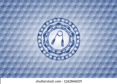 hand gripper icon inside blue emblem or badge with abstract geometric pattern background.