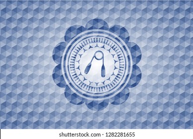 hand gripper icon inside blue emblem or badge with abstract geometric polygonal pattern background.