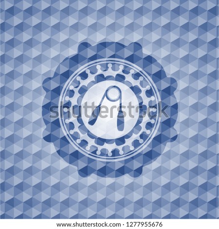 hand gripper icon inside blue emblem with geometric pattern background.