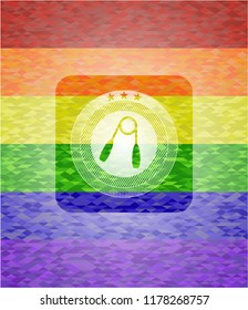 hand gripper icon inside emblem on mosaic background with the colors of the LGBT flag