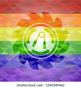 hand gripper icon inside emblem on mosaic background with the colors of the LGBT flag