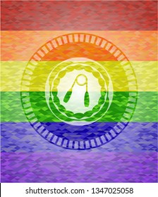 hand gripper icon inside emblem on mosaic background with the colors of the LGBT flag