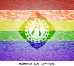 hand gripper icon inside emblem on mosaic background with the colors of the LGBT flag