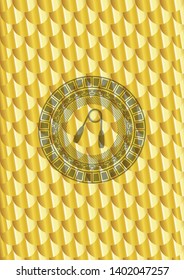 hand gripper icon inside gold badge or emblem. Scales pattern. Vector Illustration. Detailed.