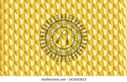 hand gripper icon inside gold badge or emblem. Scales pattern. Vector Illustration. Detailed.