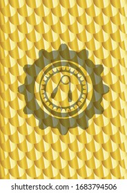 hand gripper icon inside gold emblem or badge. Scales pattern. Vector Illustration. Detailed.