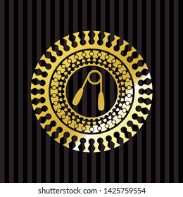 hand gripper icon inside golden badge or emblem