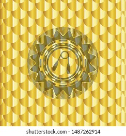 hand gripper icon inside golden badge or emblem. Scales pattern. Vector Illustration. Detailed.
