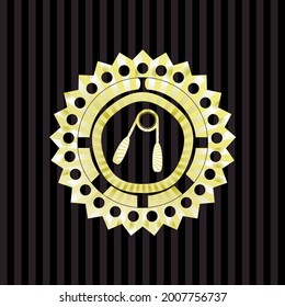 hand gripper icon inside golden badge. 