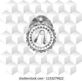 hand gripper icon inside grey emblem with geometric cube white background