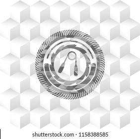 hand gripper icon inside grey icon or emblem with geometric cube white background