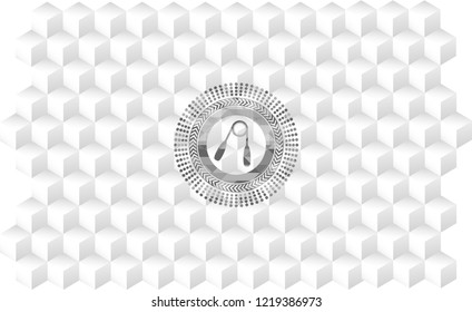 hand gripper icon inside grey emblem. Retro with geometric cube white background
