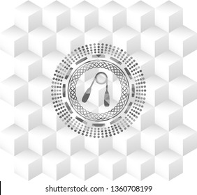 hand gripper icon inside grey emblem with cube white background