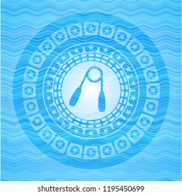 hand gripper icon inside light blue water wave badge background.