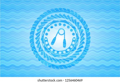 hand gripper icon inside light blue water emblem.